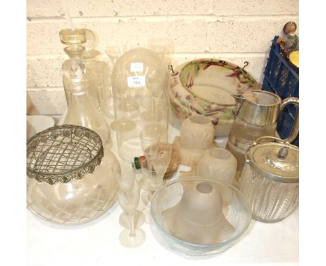 A glass dome, 27.5cm high, base 13.5cm diameter, a frosted glass jug with plated mounts and handle, 19.5cm high, a cut-glass 