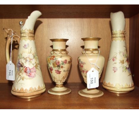 A pair of Royal Worcester ewer-shaped jugs with floral decoration, shape 1260, 21.5cm high, factory and date mark for 1896 to