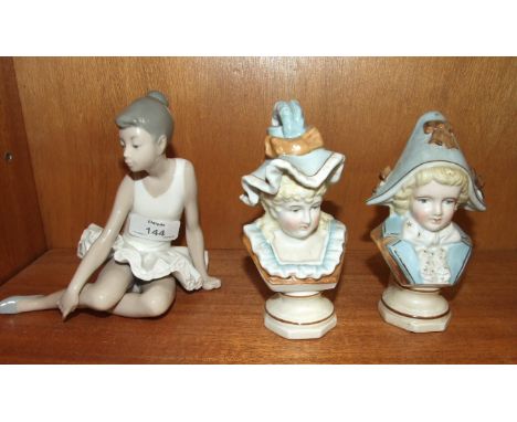 A pair of Continental painted ceramic busts of a girl and a boy in period costume, 14cm high and a Nao figure of a ballet dan