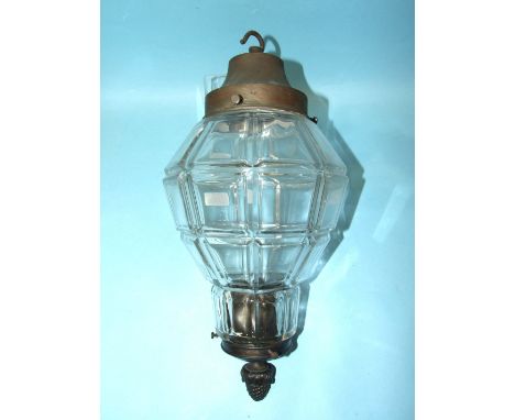 A glass nine-sided hanging light fitting with metal mounts, 47cm high.
