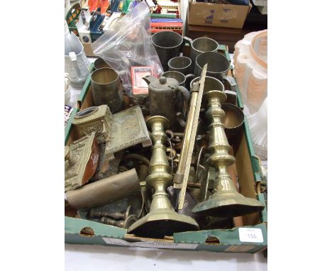 A Continental brass-mounted desk blotter and inkstand, (lid lacking), other metal ware, lamp shades and miscellaneous items.