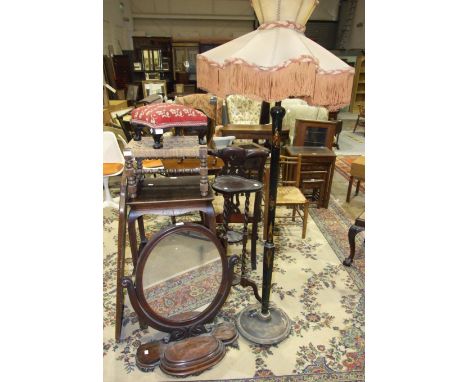 Two Oriental hardwood occasional tables, an oak trefoil plant stand, an Oriental lacquered standard lamp, two stools and othe