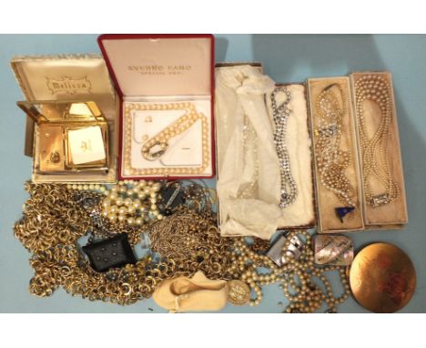 A Melissa musical compact, boxed, as new, other compacts and a quantity of costume jewellery.
