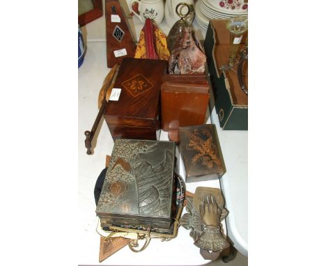 A Wittner metronome, a wooden box with inlay decoration to the lid, 19.5cm wide, a small collection of glass marbles and misc
