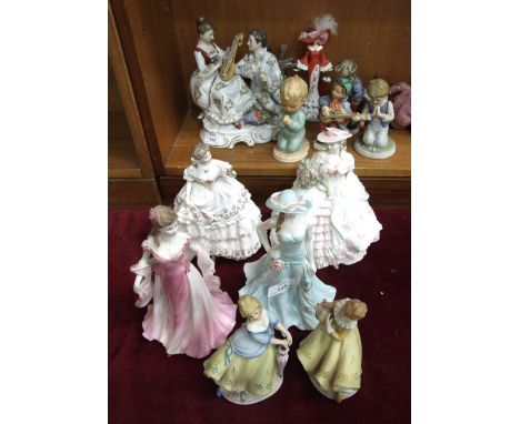 Three Royal Worcester figurines: 'The Fairest Rose', 'Grace' and 'Serena', a Coalport figure 'Rose' and other figures.