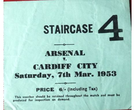 1952-53 ARSENAL V CARDIFF CITY TICKET
Very slight folds
Ref W23
&nbsp;