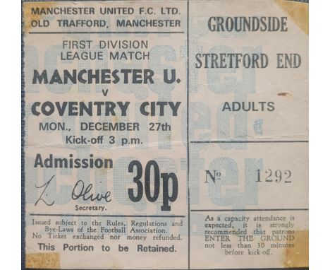 1971-72 MANCHESTER UNITED V COVENTRY CITY TICKET
Old tape marks on corners, slight fold
Ref DT