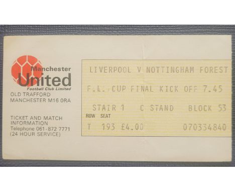 1977-78 LEAGUE CUP FINAL REPLAY LIVERPOOL V NOTTINGHAM FOREST AT MANCHESTER UNITED TICKET
Slight fold
Ref MS