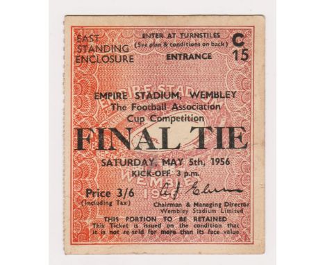 1956 F.A. CUP FINAL TICKET BIRMINGHAM CITY V MANCHESTER CITY
Good condition.
Ref. T.
&nbsp;
