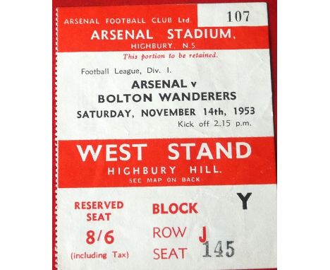 1953-54 ARSENAL V BOLTON WANDERERS TICKET
Good condition
Ref W23
&nbsp;