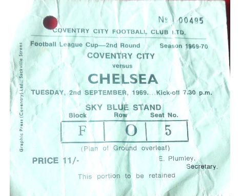 1969-70 COVENTRY CITY V CHELSEA LEAGUE CUP TICKET
2nd September 1969 2nd round&nbsp;
One punched hole &amp; folds
Ref W23