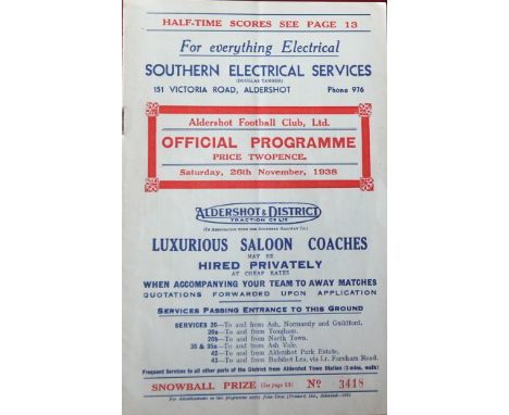 1938-39 ALDERSHOT V GUILDFORD CITY FA CUP
26th November 1938 FA Cup 1st round in good condition with very light fold
Ref W23