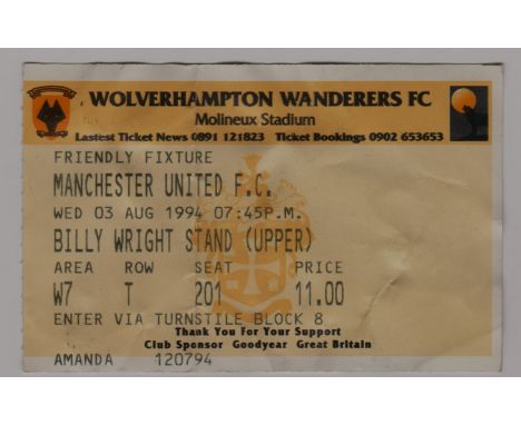 1994/95 FRIENDLY WOLVERHAMPTON WANDERERS V MANCHESTER UNITED TICKET
Creased.
Ref. T.
