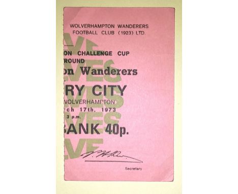 1972-73 WOLVERHAMPTON WANDERERS V COVENTRY CITY FA CUP TICKET
Ref WC