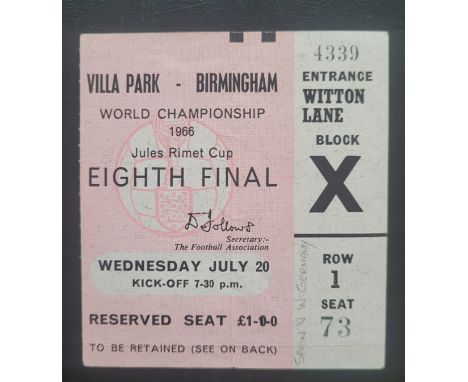 1966 WORLD CUP WEST GERMANY V SPAIN TICKET
Slight fold and teams noted in very light pencil
Ref BF
