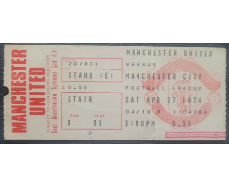 1973-74 MANCHESTER UNITED V MANCHESTER CITY TICKET
Infamous Denis Law backheel goal thar sent Manchester United down. Extreme