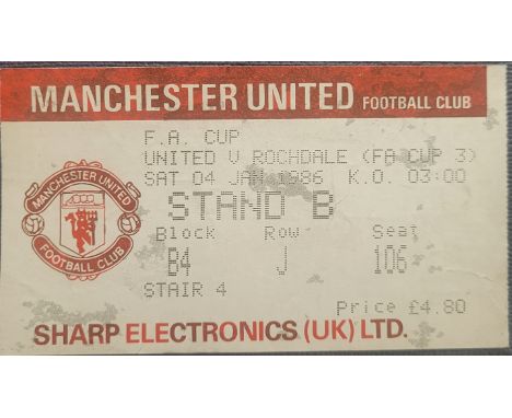 1985-86 MANCHESTER UNITED V ROCHDALE FA CUP TICKET
Usual marks on silver background of ticket
Ref MS