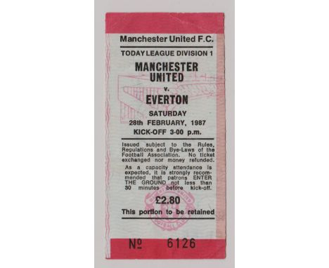 1986/87 MANCHESTER UNITED V EVERTON TICKET
Slight crease.
Ref. T.