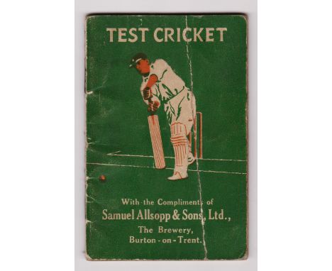 CRICKET- 1926 ENGLAND V AUSTRALIA BROCHURE&nbsp;
Fold and slight loss to back cover.
Ref. T.