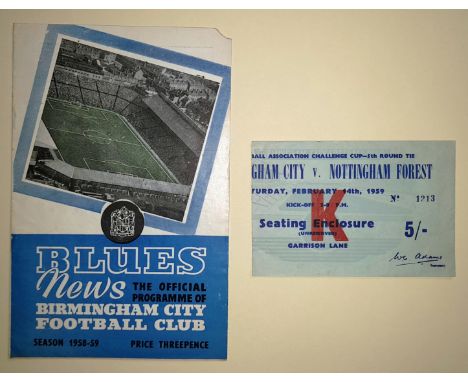1958-59 BIRMINGHAM CITY V NOTTINGHAM FOREST PROGRAMME &amp; TICKET
Birmingham City v Nottingham Forest 1959 programme and tic