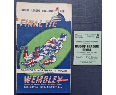 RUGBY LEAGUE CHALLENGE CUP FINALS 1948, 1955 &amp; 1957 PROGRAMMES &amp; ONE TICKET
1948 Bradford Northern v Wigan Programme 