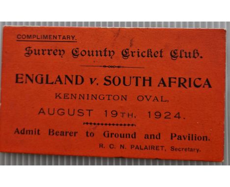 CRICKET 1924 ENGLAND V SOUTH AFRICA AT THE OVAL TICKET
Slight marks
Ref JCK