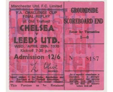 1970 F.A. CUP FINAL REPLAY TICKET CHELSEA V LEEDS UNITED @ MANCHESTER UNITED
Slight crease and writing on reverse, otherwise 