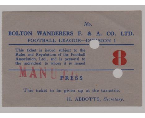 1955/56 BOLTON WANDERERS V MANCHESTER UNITED ORIGINAL PRESS TICKET&nbsp;
Ref. T.