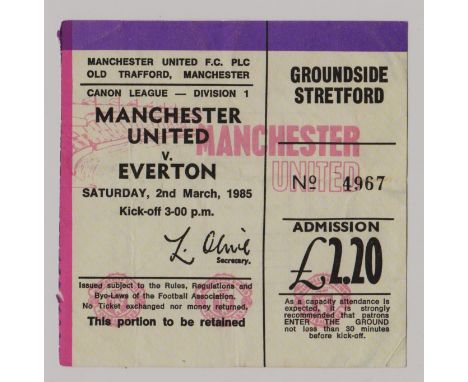 1984/85 MANCHESTER UNITED V EVERTON TICKET
Slight crease.
Ref. T.