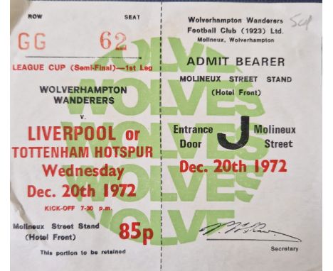 1972-73 WOLVERHAMPTON WANDERERS V TOTTENHAM HOTSPUR LEAGUE CUP SEMI-FINAL UNUSED TICKET
Slight corner fold
Ref LR