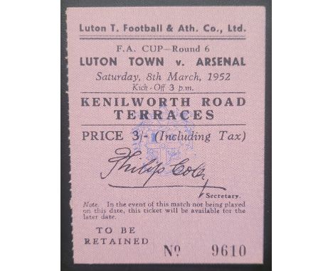 1951-52 LUTON TOWN V ARSENAL FA CUP TICKET
Good condition
Ref SM