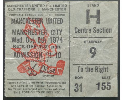 1974-75 MANCHESTER UNITED V MANCHESTER CITY LEAGUE CUP TICKET
Folds
Ref SM
