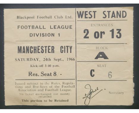 1966-67 BLACKPOOL V MANCHESTER CITY TICKET
Slight fold
Ref SM