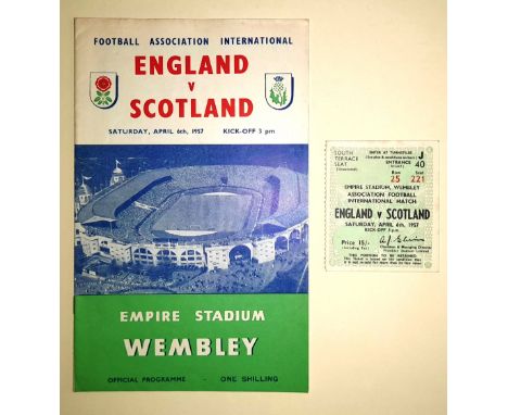 1957 ENGLAND V SCOTLAND PROGRAMME &amp; TICKET
England v Scotland 1957 programme and ticket, programme has usual handling agi