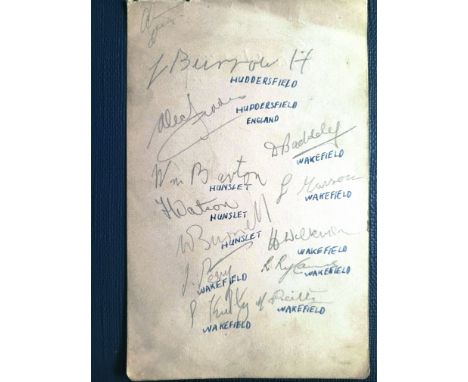 1920'S / 30'S RUGBY LEAGUE AUTOGRAPH PAGE
Signed on both sides by 17 including Alec Fildes, Jack Wilkinson, Alf Burnett, Jack