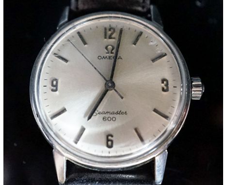 A gentleman's stainless steel Omega Seamaster 600 manual wind wrist watch, on associated strap. case diameter 34mm.