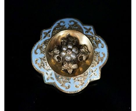 A Victorian yellow metal, blue, enamel, seed pearl and diamond brooch set, 34mm,gross 12.1 grams.