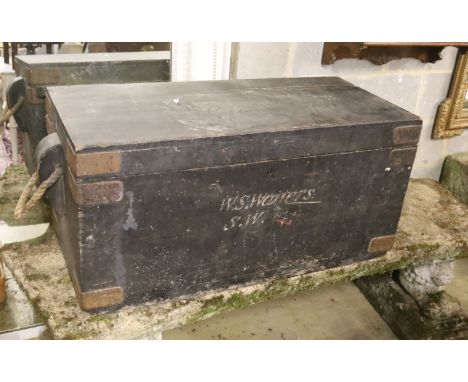 A Victorian painted pine, iron-bound trunk with rope handles, length 100cm, depth 45cm, height 48cm