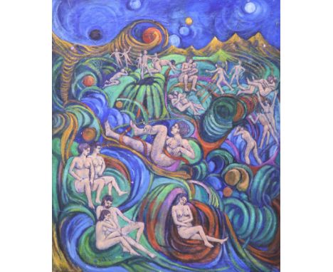R. Philp, oil on canvas, Nudes in a stylised landscape, signed and dated '64, 71 x 61cm