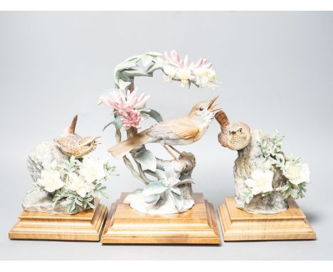 Three Royal Worcester porcelain groups of birds, modelled by Dorothy Doughty - ‘’Nightingale and Honeysuckle’’, “Wren and Bur