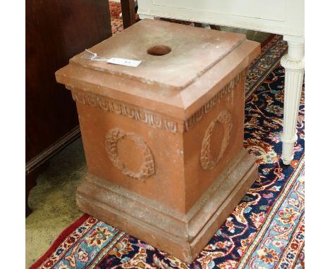 A square terracotta garden plinth, width 35cm, height 46cm