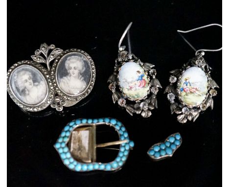 A pair of white metal, enamel and paste earrings, 34mm, a marcasite set double portrait brooch and a turquoise set buckle.