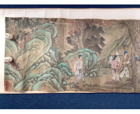 A 19th century Chinese hand scroll painting on silk of figures in a landscape, approximately 206 cm X 32.5 cm