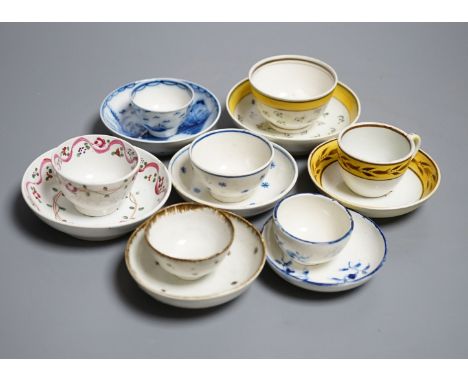 Six pearlware miniature tea bowls and saucers, c.1790-1800 and a similar cup and saucer, c.1810.  Provenance - Mona Sattin co