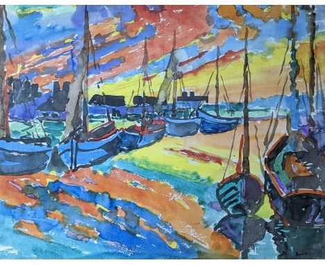 Attributed to Ronald Ossory Dunlop (1894-1973), watercolour, Fishing boats in harbour, signed, 57 x 70cm