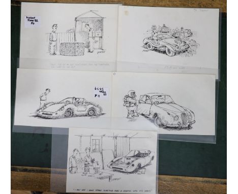 Martin Honeysett (b.1943-), five original cartoons, Tx Tripper, 'Old Volks..' (Kitcars June 82), Jaguar Mk2, fluffy car (Kitc
