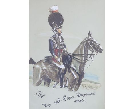G.H.B., mixed media, The 10th Light Dragoons 1800, initialled and dated XVIII, 38 x 26cm