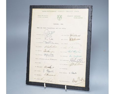 1950s cricket signatures for Australian and England Ashes teams 1954-5, Kent, Worcester and Hants cricket teams and facsimile