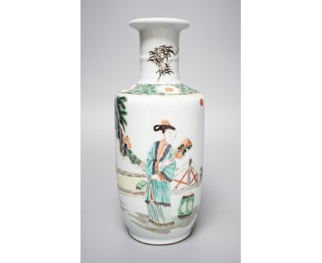 A Chinese famille verte rouleau  vase, painted with figures in a garden, 22cm