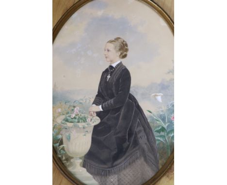 English School c.1900, watercolour, Portrait of a lady dressed in black standing in a landscape, 57 x 42cm